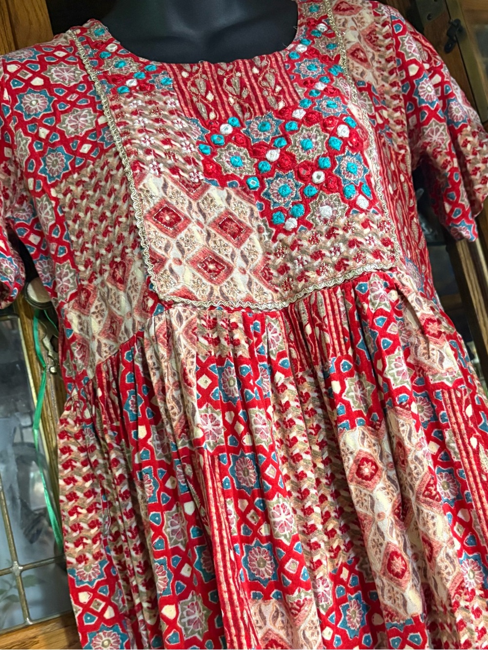 India Red patchwork crinkle boho midi dress d4 - Picture 10 of 10